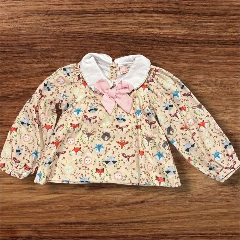 Smockingbird woodland animals long sleeve top Peter Pan collar pink bow 12M